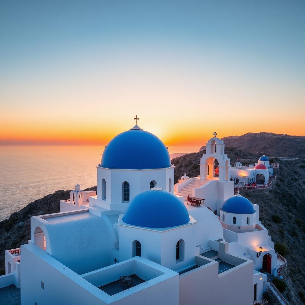 Kubah biru gereja Santorini saat senja