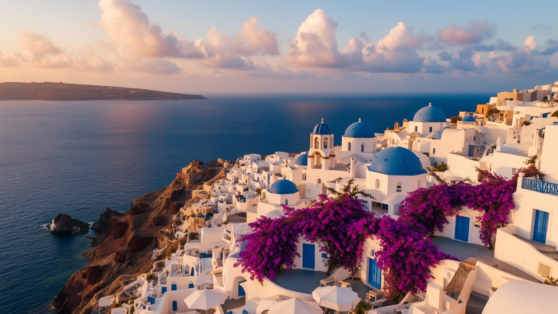 Pemandangan udara desa putih ala Santorini dengan kubah biru dan bougainvillea ungu